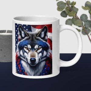 White glossy mug Red White Blue Wolf