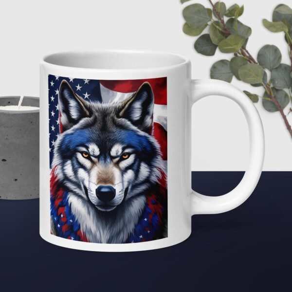 White glossy mug Red White Blue Wolf