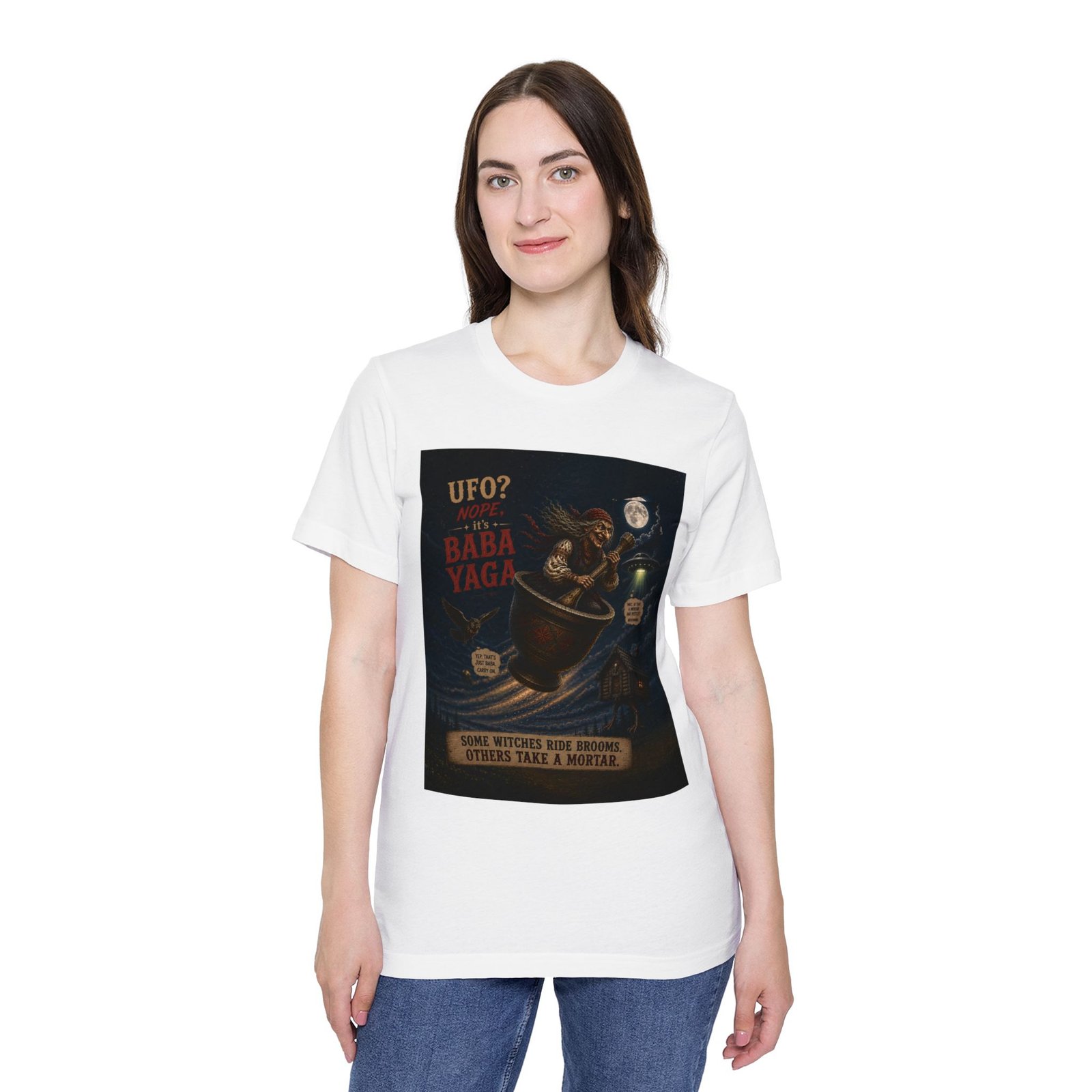 Baba Yaga UFO T-Shirt — Retro Witch Poster Graphic Tee - Image 3