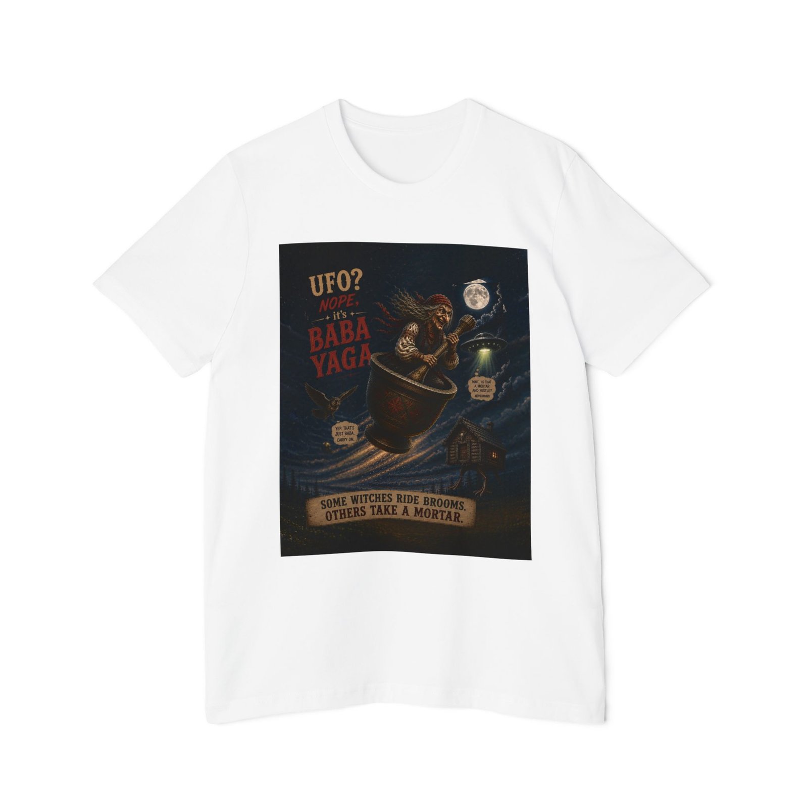 Baba Yaga UFO T-Shirt — Retro Witch Poster Graphic Tee