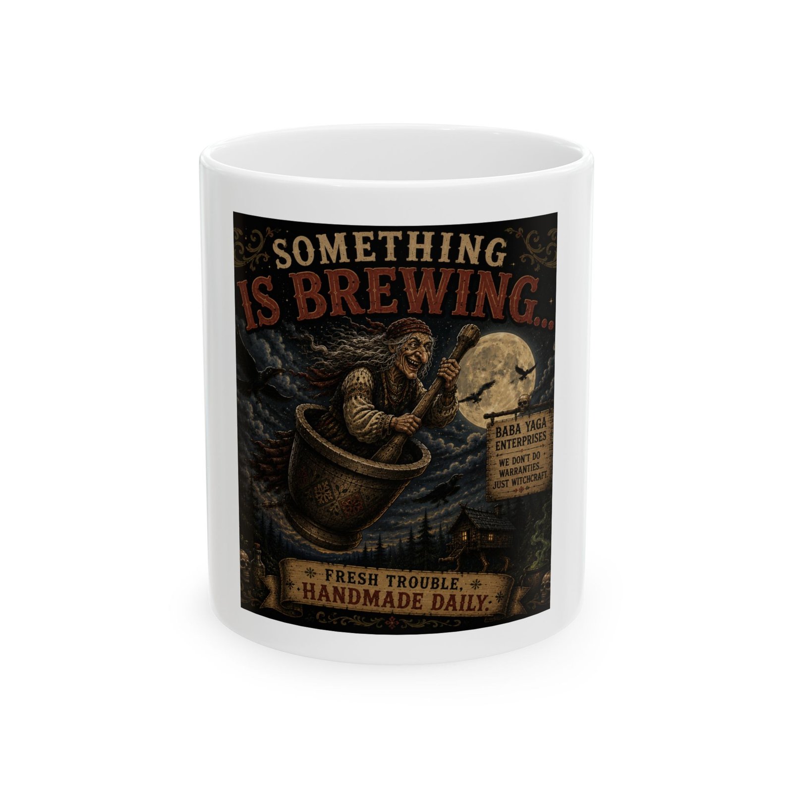 Funny Baba Yaga Ceramic Coffee Mug – Something Is Brewing | Fresh Trouble Handmade Daily