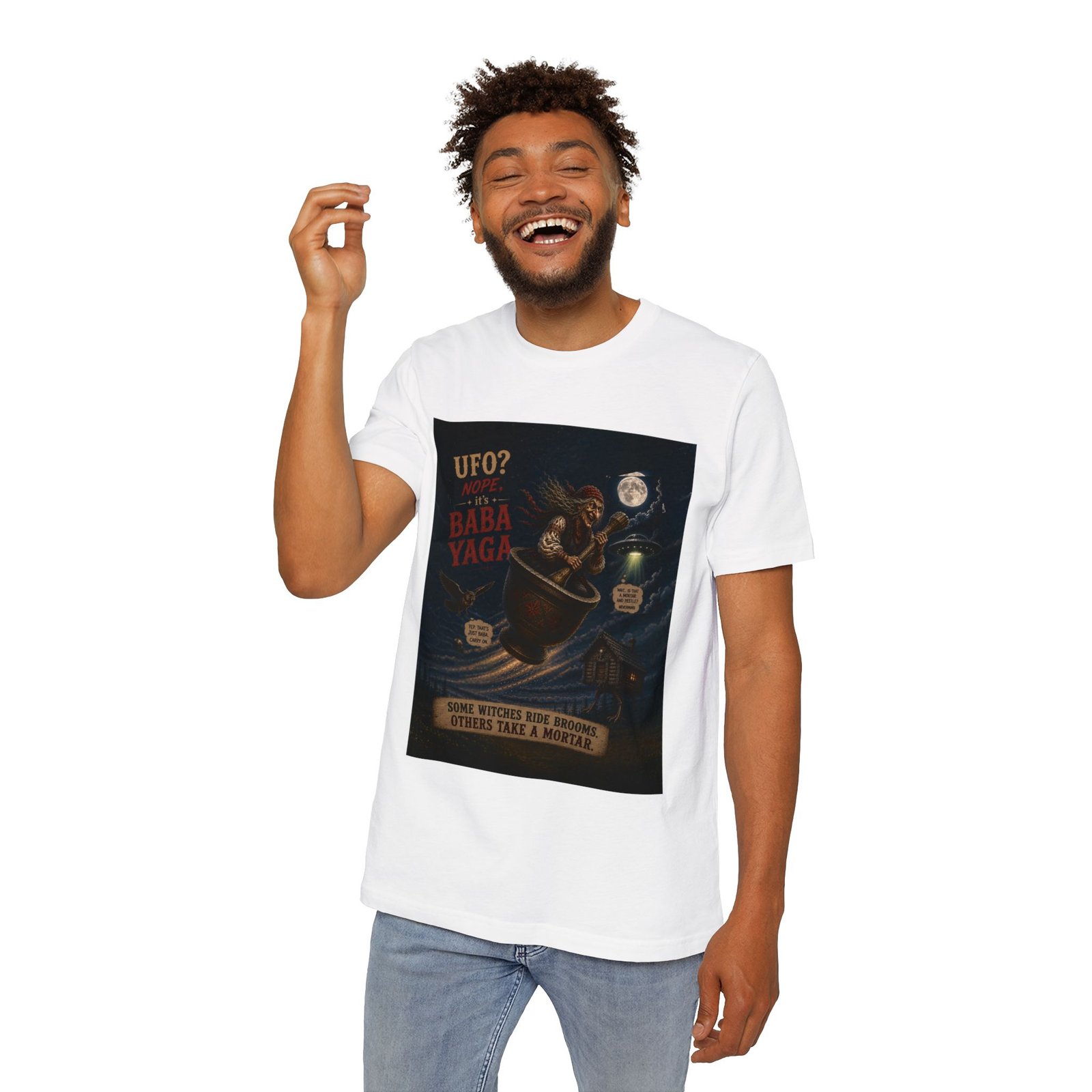 Baba Yaga UFO T-Shirt — Retro Witch Poster Graphic Tee - Image 2